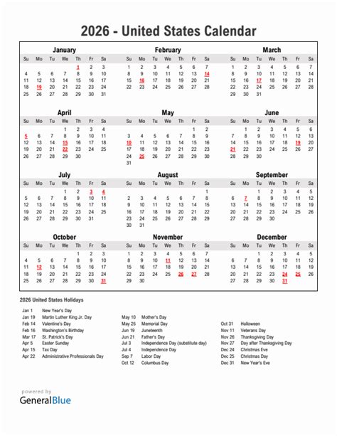 2026 United States Calendar With Holidays 2026 United States Calendar With Holidays