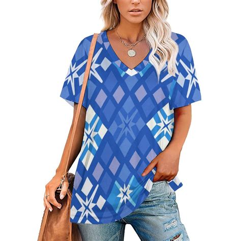 Diamond Grid T Shirts V Neck Short Sleeve Printed Tshirt Women Classic Diamond Grid T Shirts V Neck Short Sleeve Printed Tshirt Women Classic